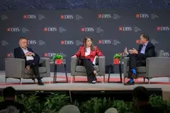 Broadcom CEO Hock Tan (left) and Intel CEO Lip-Bu Tan (right) in a panel discussion moderated by DBS’ CEO Tan Su Shan.