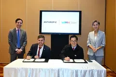 From left: Anthropic head of Apac policy Michael Sellitto; Anthropic co-founder Benjamin Mann; MDDI Permanent Secretary Chng Kai Fong; and Minister for Digital Development and Information Josephine Teo at the MOU signing.